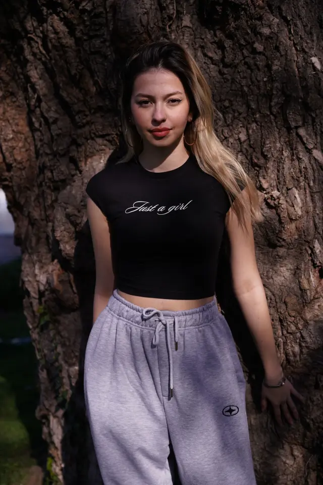 TEEVO JUST A GIRL GLITTER FOIL PRINT PREMIUM CROPPED