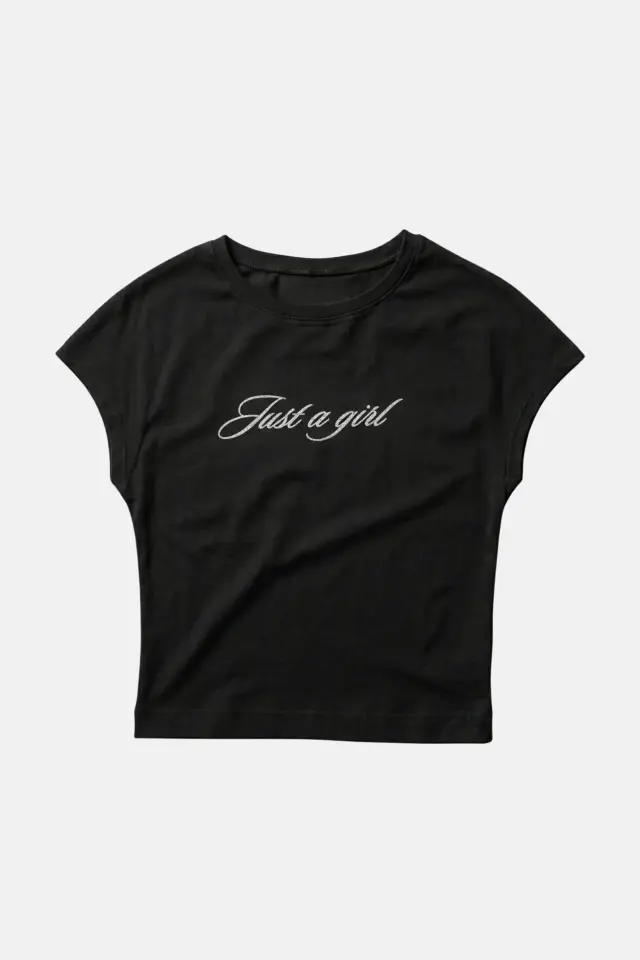 TEEVO JUST A GIRL GLITTER FOIL PRINT PREMIUM CROPPED