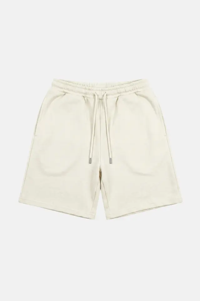 Basic Diagonal Kumaş Oversize Şort - Ekru