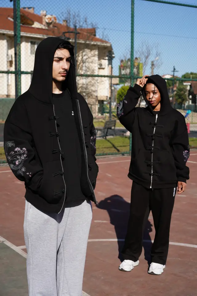 EJDER BASKILI & ÇİN DÜĞÜMÜ DETAYLI OVERSIZE ZIPPER HOODIE