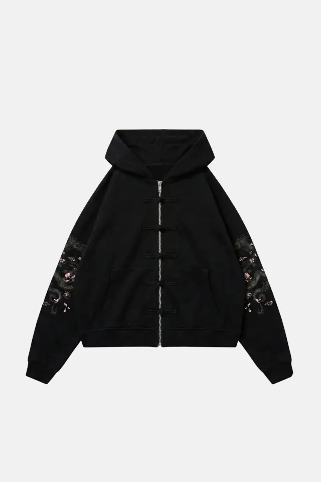 EJDER BASKILI & ÇİN DÜĞÜMÜ DETAYLI OVERSIZE ZIPPER HOODIE